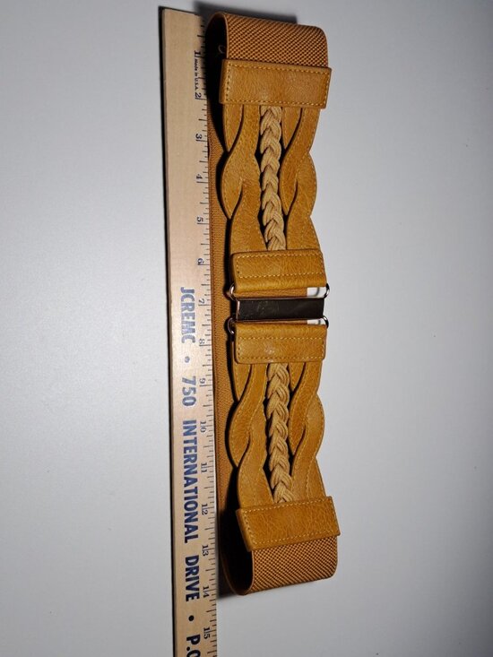 Womens Gold Elastic Waist Belt With Braided Faux Leather Accent & Metal Clasp - Picture 8 of 10